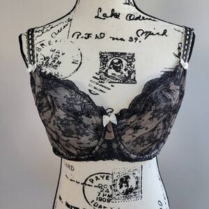 Paramour 40DD‎ black lace bra bow details polka dot mesh back coquette feminine